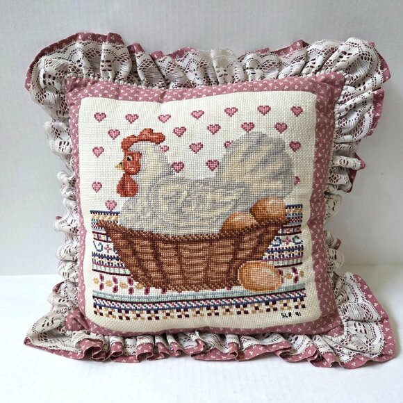 Vintage Needlepoint Pillow Hen In A Nest Country Farm Pink Ruffle Lace Handmade - Picture 1 of 7